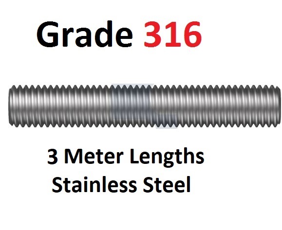 Metric Marine Grade 316 Threaded Rods All Thread 3 Meter Lengths